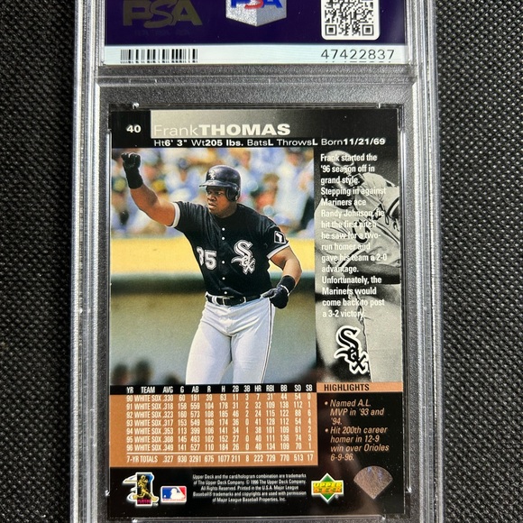 Frank Thomas 1997 Upper Deck Card #40 PSA 9 Mint Chicago White Sox - Picture 2 of 2
